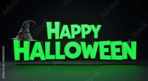 Fototapeta A bright green happy halloween text glowing for spooky horror decoration and party theme
