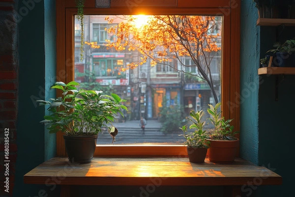 Fototapeta Plants in pots on a window ledge.