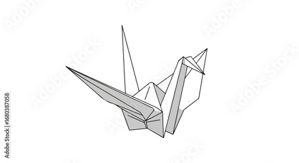 Obraz A precisely folded origami crane, rendered in monochrome on a stark white background with clean lines and geometric precision offering minimalist