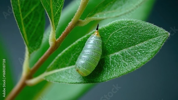 Fototapeta Caterpillar Egg. The Beginning of a Monarch Butterfly's Development on a Green Milkweed Leaf