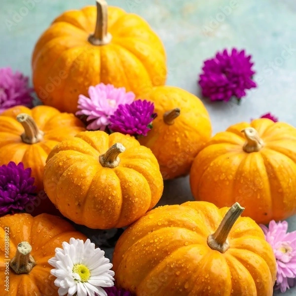 Obraz A collection of small pumpkins and colorful flowers, creating a festive and autumnal display.