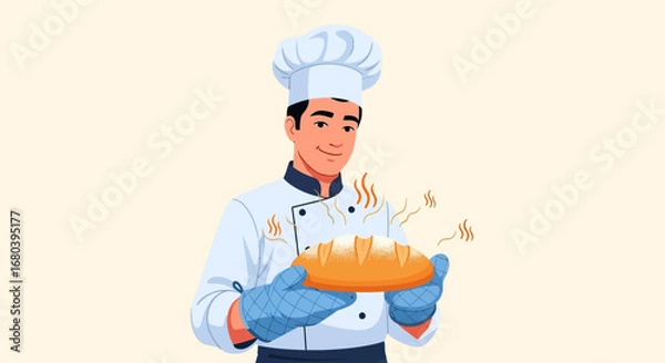 Obraz Smiling Baker Chef Holding Freshly Baked Bread, Illustrating Culinary Delights or Food Preparation