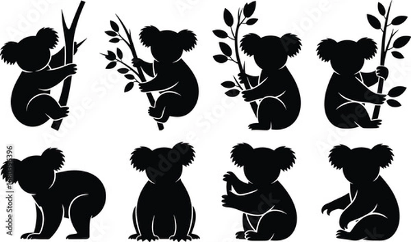 Fototapeta "Black silhouettes of adorable koalas climbing and sitting on eucalyptus branches with leaves in various poses, vector illustration."