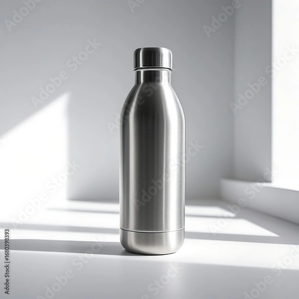 Fototapeta A photo of a matte-finished stainless steel water bottle with subtle brushed metal texture isolated in a bright studio light setup, against a pristine white background.