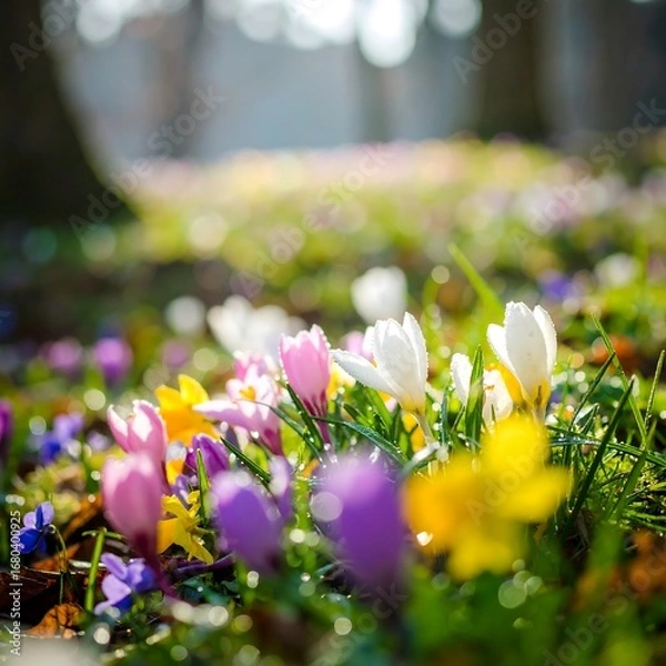 Obraz A vibrant display of spring flowers in a meadow bathed in sunlight, showcasing a beautiful mix of colors and textures.