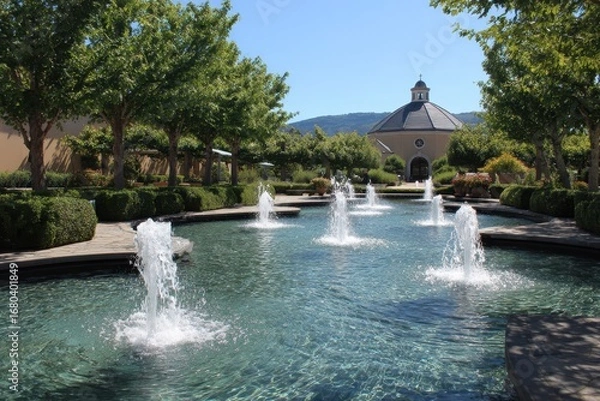 Fototapeta Commercial Fountains. Water Fountain Art with Statue of Saint at Robert Mondavi Winery, Christian Religious Theme in Napa Valley