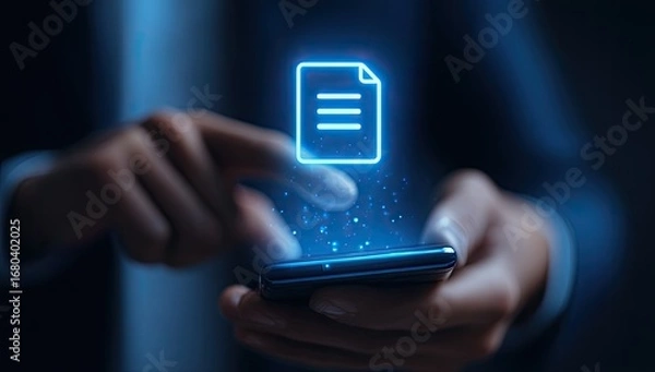 Obraz Person's hands hold a phone with a glowing document icon
