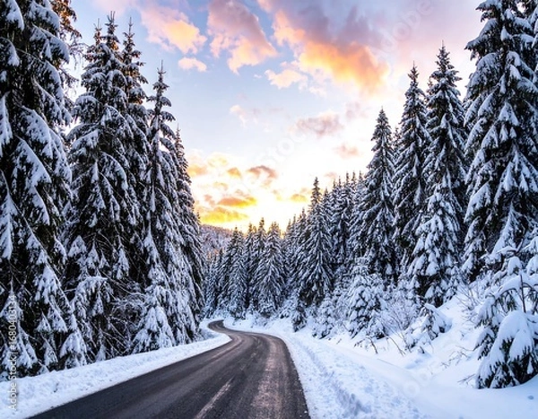 Obraz A winding road through a snowy forest at sunset, showcasing the beauty of winter.