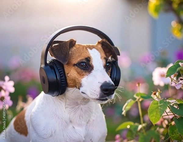 Obraz A charming Jack Russell terrier, wearing stylish headphones, enjoys a tranquil moment amidst colorful blossoms in a sunny garden setting.