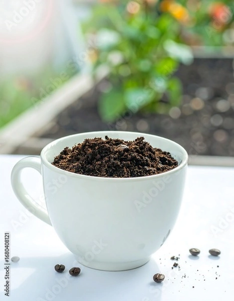 Fototapeta Dark brown coffee grounds fill a white ceramic mug, situated on a bright white surface, with a garden setting out of focus in the background.