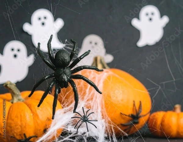 Obraz Halloween decorations featuring pumpkins, spiders, and ghosts on a dark background.