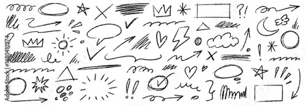 Fototapeta Arrow hand drawn line set. Scribble sketch line element in hand drawn black marker, pencil stroke style. Decorative curve arrow, underline, scribble doodle scratch design elements. Vector illustration