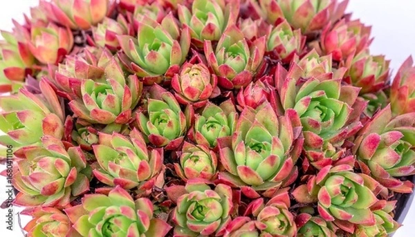 Obraz Close-up view of a vibrant grouping of succulent plants, displaying a mix of reddish-pink and vibrant green hues.