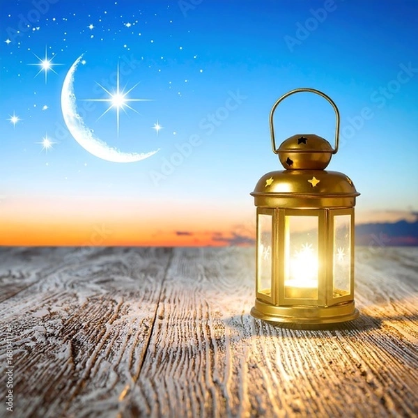 Obraz A golden lantern sits on a weathered wooden surface against a backdrop of a serene twilight sky featuring a crescent moon and stars.