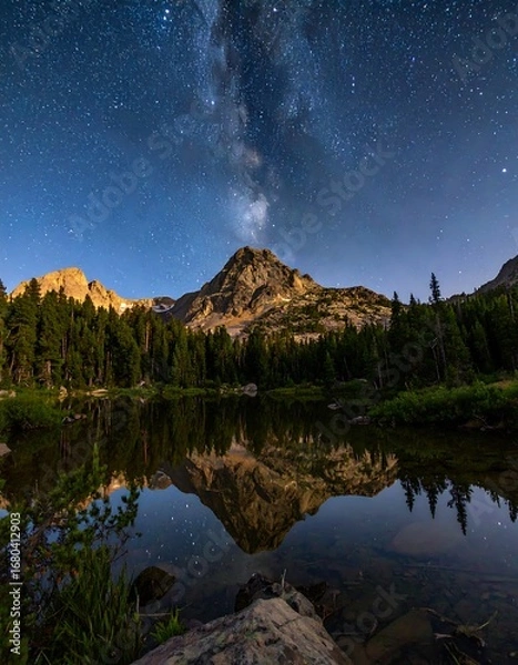 Obraz Majestic mountain peaks reflected in a tranquil lake, under a night sky adorned with the Milky Way.