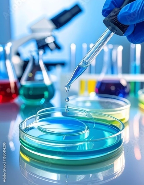 Fototapeta Petri dishes in the laboratory with pipette with drop of color liquid