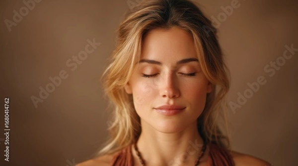 Fototapeta Serene Young Woman in Natural Light with Closed Eyes, Embracing Calmness and Tranquility in a Soft, Earthy Toned Setting for Spa and Wellness Themes