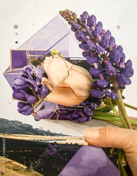 Obraz A vibrant composition featuring a delicate bouquet of lupines and a cream-colored rose, nestled within a geometric, amethyst-toned structure.