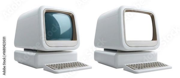 Fototapeta Set of two vintage personal computers with keyboard, isolated on transparent cutout background