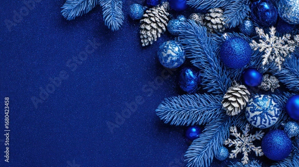 Fototapeta Festive cobalt blue background with christmass decoration and copy space, Happy New Year	