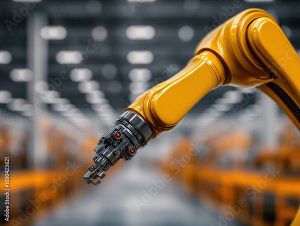Fototapeta Yellow robotic arm performing precise tasks in modern industrial factory, showcasing advanced automation technology