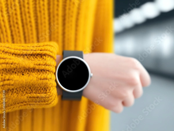 Fototapeta Person wearing yellow sweater is using smartwatch in modern indoor setting, showcasing technology and style