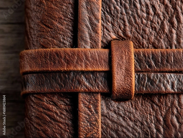 Fototapeta Close up of worn brown leather book cover with rustic strap, showcasing its textured surface and vintage appeal