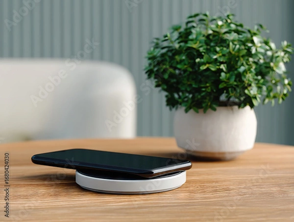 Fototapeta Smartphone placed on sleek wireless charging pad on wooden table, with potted plant in background