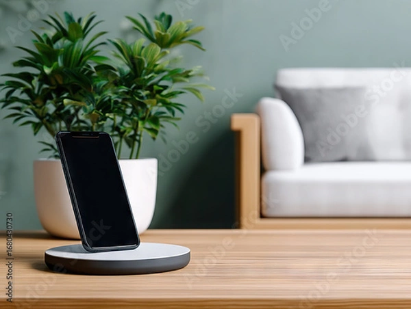 Fototapeta Sleek wireless charging pad with smartphone placed on it, set on wooden table in modern living room with green plants and sofa