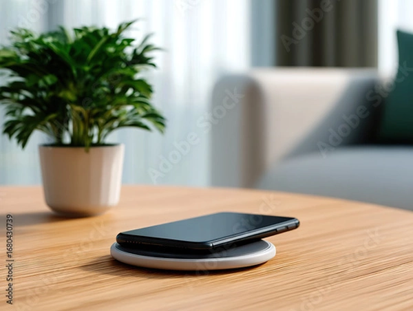 Fototapeta Sleek smartphone rests on modern wireless charging pad on wooden table, with potted plant and sofa in background