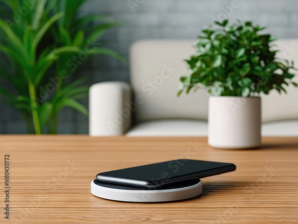 Fototapeta Sleek wireless charging pad with smartphone placed on it, set on wooden table in modern living room with green plants