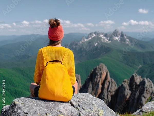 Fototapeta Woman hiker in yellow sweater and orange beanie sits on rock, enjoying scenic mountain view with lush greenery and rocky peaks