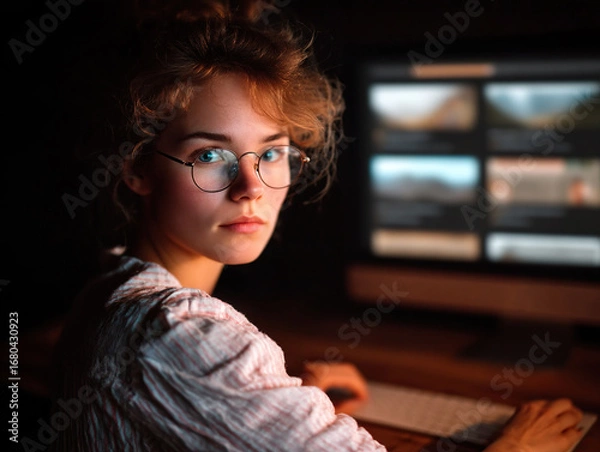 Fototapeta Young woman with glasses working on computer in dimly lit room, focused and engaged in research or creative work