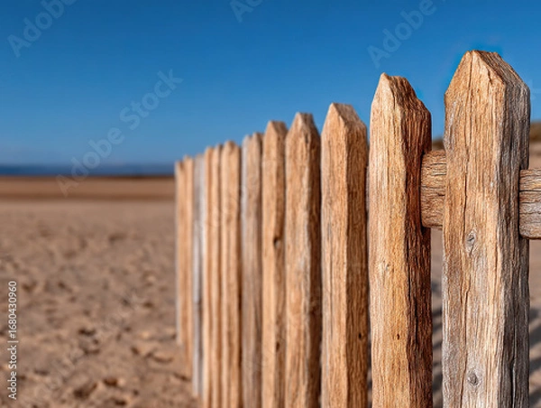 Fototapeta Weathered wooden fence posts in sandy desert landscape under clear blue sky, evoking rustic and serene atmosphere