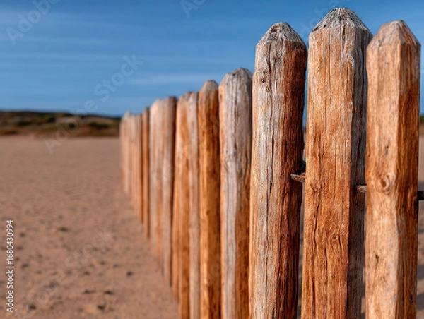 Fototapeta Weathered wooden fence posts on sandy beach under clear blue sky, evoking rustic and serene coastal atmosphere