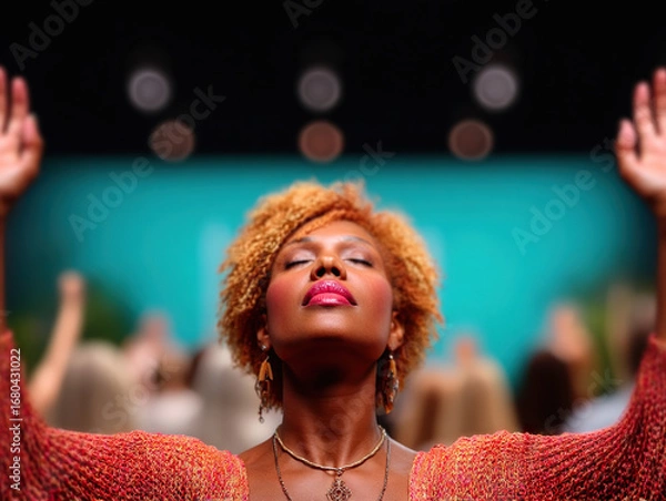 Fototapeta Woman with curly hair raises her hands in worship, expressing peace and devotion in vibrant setting with blurred background