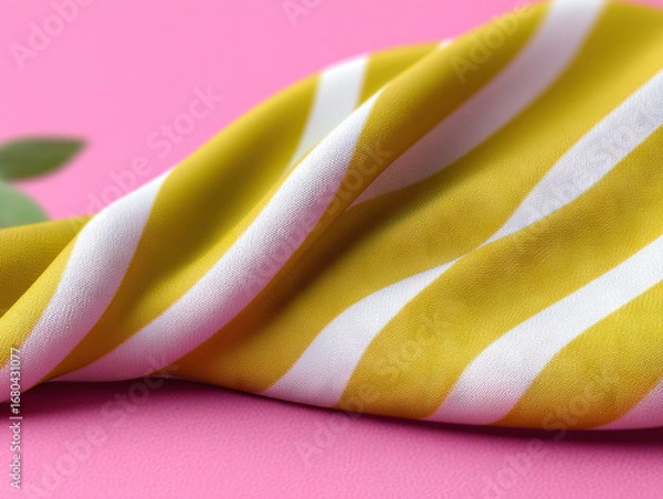 Fototapeta Yellow and white striped fabric draped on pink surface, creating vibrant and cheerful composition