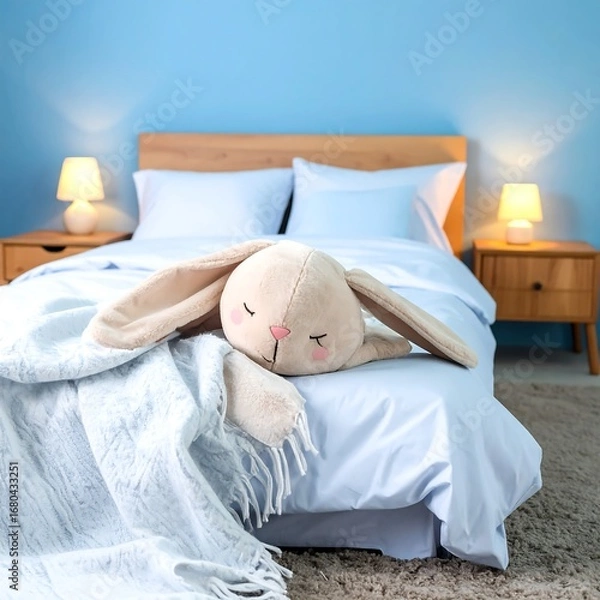 Obraz A light beige stuffed bunny rests peacefully on a light blue bed, blanketed by a soft, textured light blue throw.