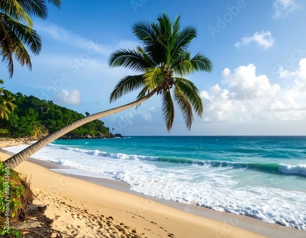 Fototapeta A sun-drenched tropical beach scene showcases a swaying palm tree over a golden shore, turquoise waves, and a vibrant blue sky.