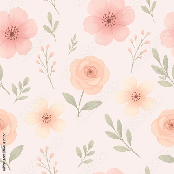 Fototapeta Elegant seamless floral pattern in soft pastel colors, designed in a delicate watercolor style. Features blooming flowers and leaves, perfect for textiles, wrapping paper, stationery, invitations.