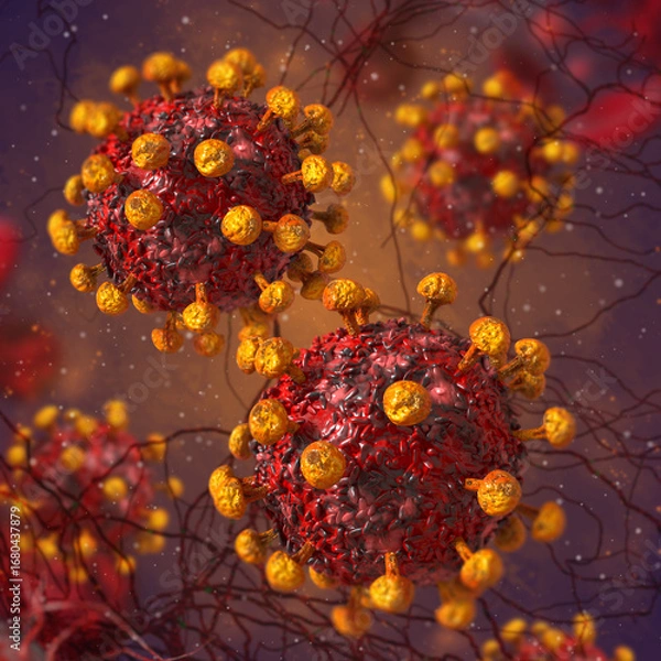 Fototapeta Medical conceptual background, dangerous pathogenic influenza virus, covid, coronavirus, viruses causing serious diseases of the body, 3d rendering