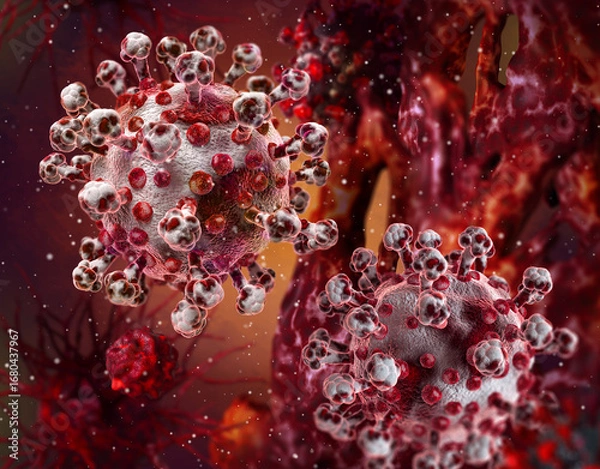 Fototapeta Medical conceptual background, dangerous pathogenic influenza virus, covid, coronavirus, viruses causing serious diseases of the body, 3d rendering