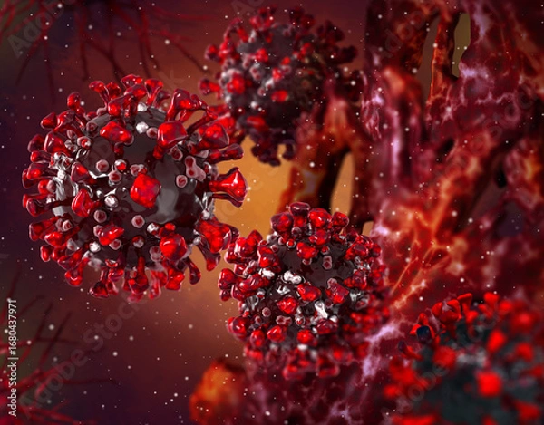 Fototapeta Medical conceptual background, dangerous pathogenic influenza virus, covid, coronavirus, viruses causing serious diseases of the body, 3d rendering