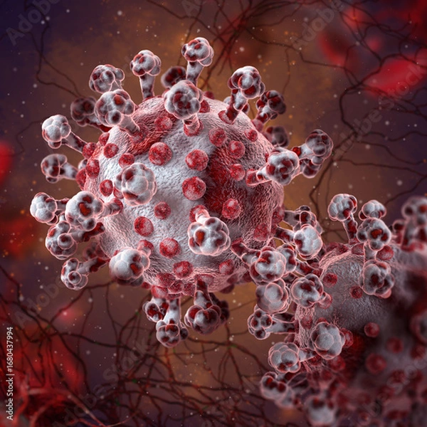 Fototapeta Medical conceptual background, dangerous pathogenic influenza virus, covid, coronavirus, viruses causing serious diseases of the body, 3d rendering
