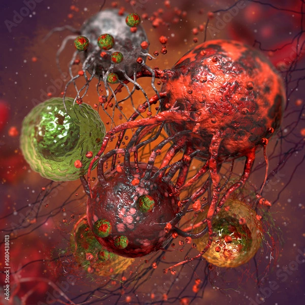 Fototapeta Medical conceptual background, dangerous, malignant, atypical, tumor cancer cells, uncontrolled growth and reproduction, 3d rendering