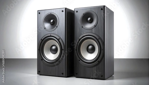 Obraz Two black speakers on a reflective surface