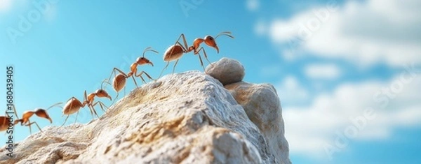 Obraz Red ants collaborating, transporting pebble uphill, demonstrating collective strength and resilience in navigating challenging terrain through unified effort
