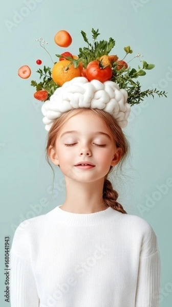 Obraz Girl with Brain Hat and Floating Fruits