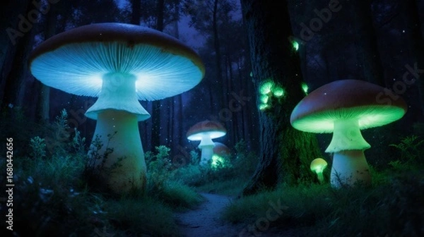 Fototapeta Enchanted forest path with glowing mushrooms at night, mystical fantasy landscape