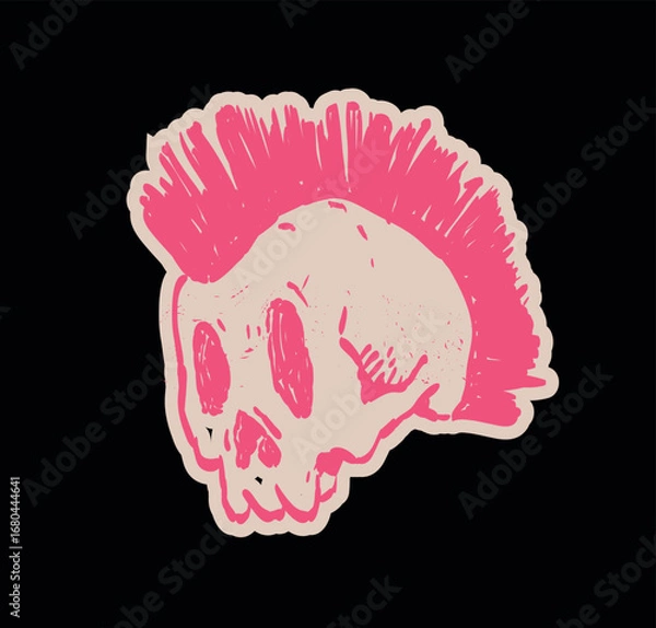 Obraz Naive punk skull illustration with mohawk hairstyle. Hand-drawn doodle in bold graphic style, perfect for stickers, t-shirts, posters, and alternative design projects.